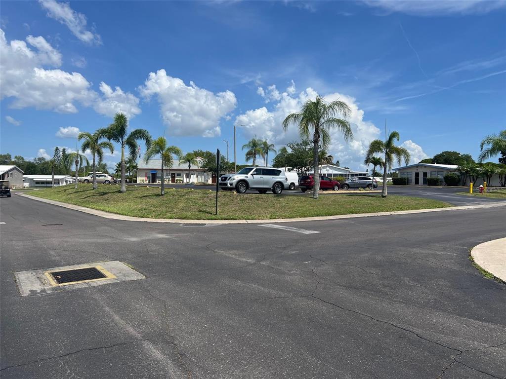A paved intersection leads to a grassy lot with palm trees and parked cars — 12 THATCH PALM STREET W, LARGO, FL