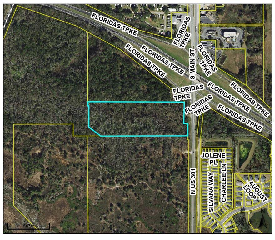 This is an aerial map showing a parcel of land outlined in blue near a highway — HWY 301 / MAIN STREET, WILDWOOD, FL