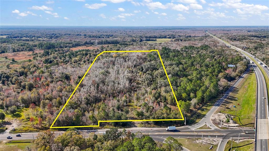 An aerial view shows a wooded, trapezoidal plot of land bordered by a highway and road — HWY 301 / MAIN STREET, WILDWOOD, FL