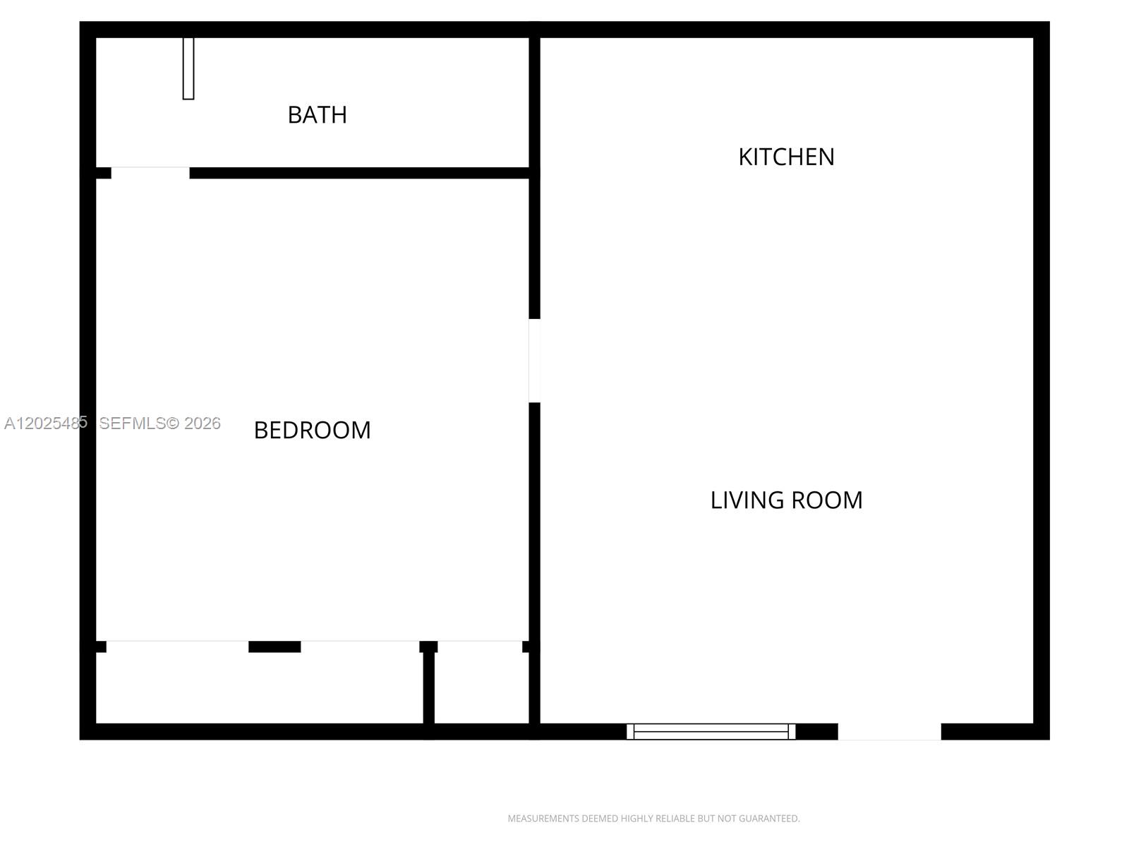 This is a floor plan showing a one-bedroom apartment with a bathroom, kitchen, and living room — 14500 NE 2nd Ave # 1, Miami FL 33161, MIAMI, FL