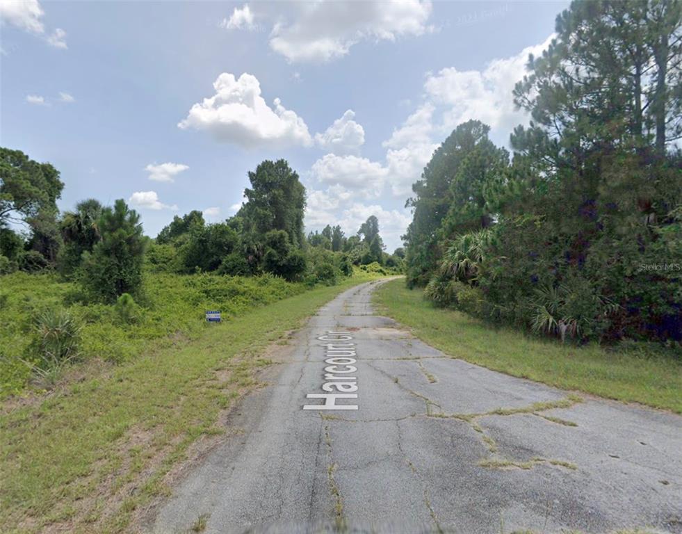 A paved road winds through a wooded area with dense vegetation under a cloudy sky — 0 HARCOURT CIRCLE, NORTH PORT, FL