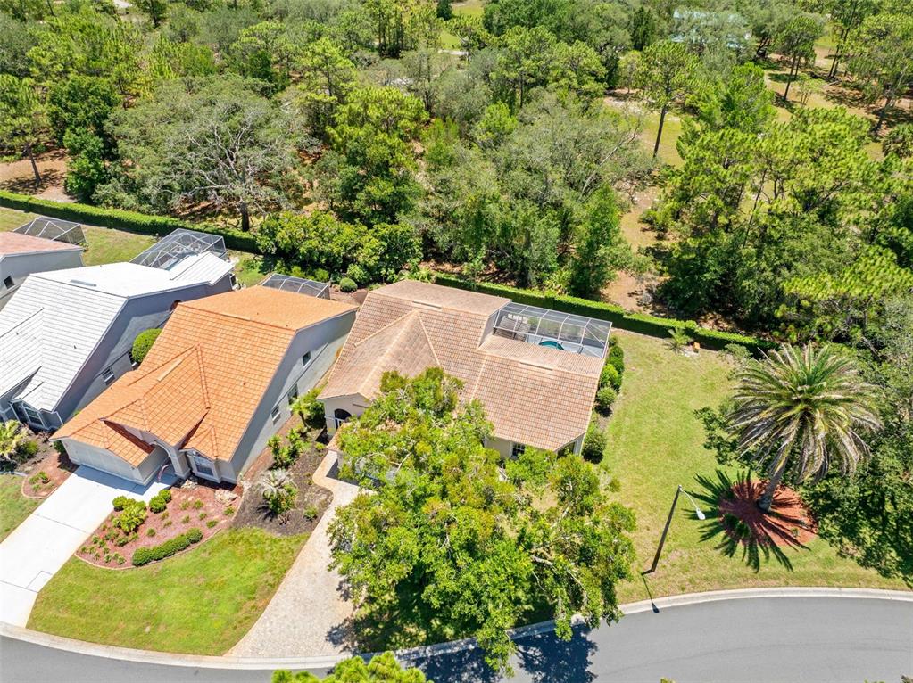 An aerial view shows two suburban houses with tiled roofs, a pool enclosure, and landscaping — 9354 MISSISSIPPI RUN, WEEKI WACHEE, FL