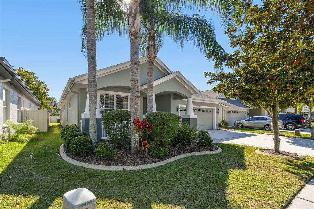 A single-story house with a gray exterior, palm trees, and a landscaped front yard — 21753 GARDEN WALK LOOP, LAND O LAKES, FL