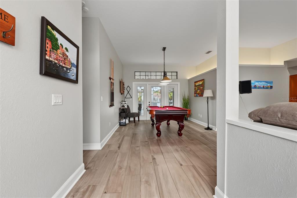 A game room features a pool table, light wood-look flooring, and a glass-paned exterior door — 605 TOMOKA DRIVE, PALM HARBOR, FL