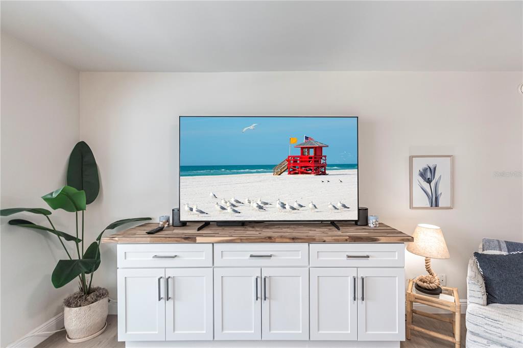 A television sits on a white cabinet with a wood top in a living room — 1055 W PEPPERTREE DRIVE UNIT 106AA, SARASOTA, FL