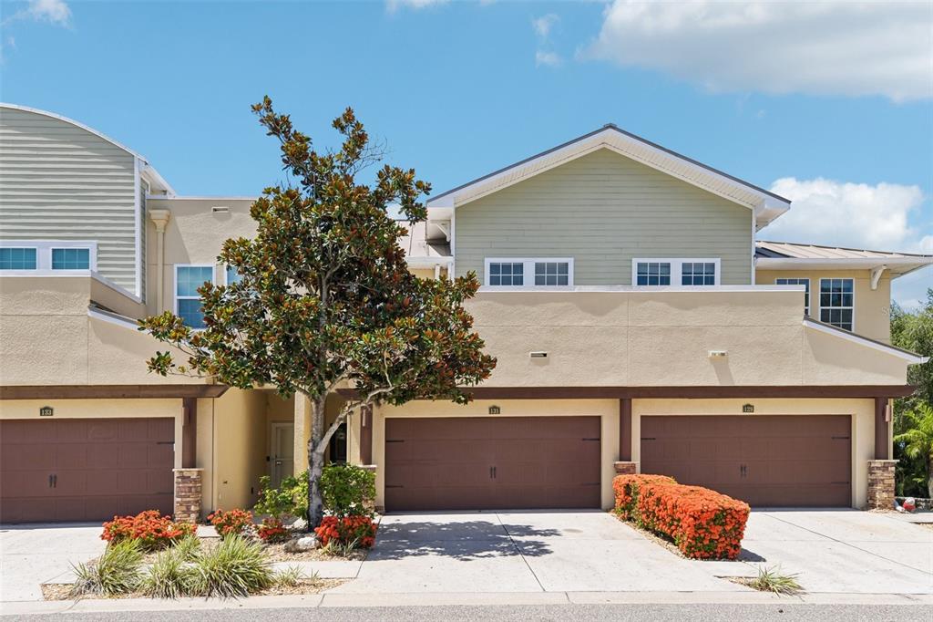 The exterior of a multi-unit townhouse complex features three brown garage doors and a tree — 131 ATHENIAN WAY, TARPON SPRINGS, FL