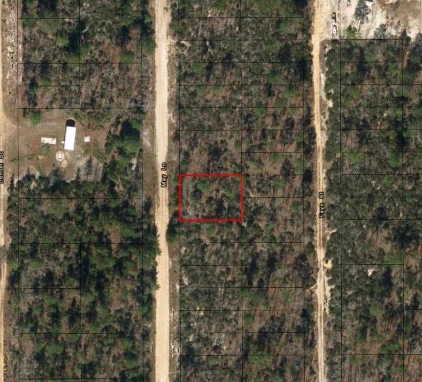 This aerial map shows a rectangular vacant lot outlined in red between two dirt roads — 0 May Lane, FL 32148, FL