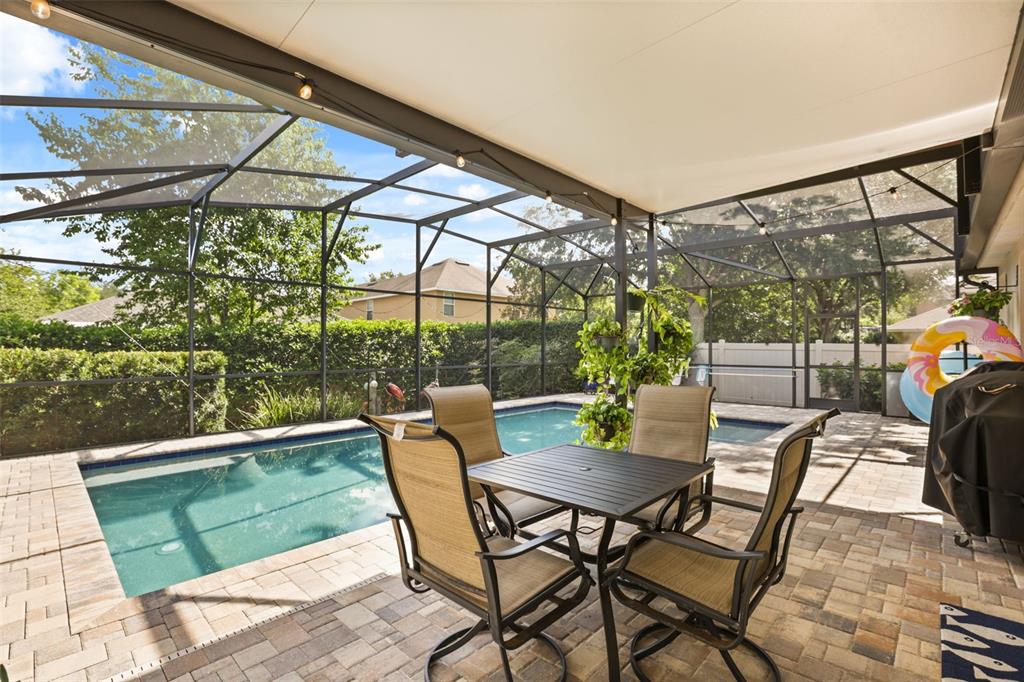 A covered patio with a dining set overlooks a screened-in swimming pool and backyard — 30119 TOKARA TERRACE, MOUNT DORA, FL