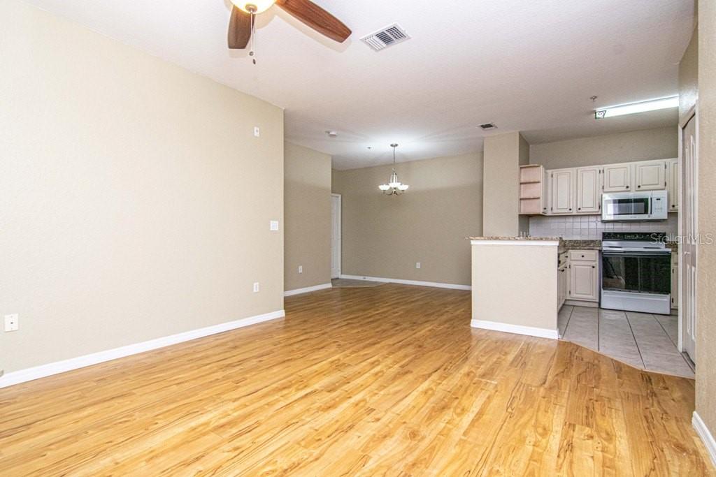 An open-concept living area features wood-look flooring, a ceiling fan, and an adjacent kitchen — 5713 LEGACY CRESCENT PLACE UNIT 101, RIVERVIEW, FL
