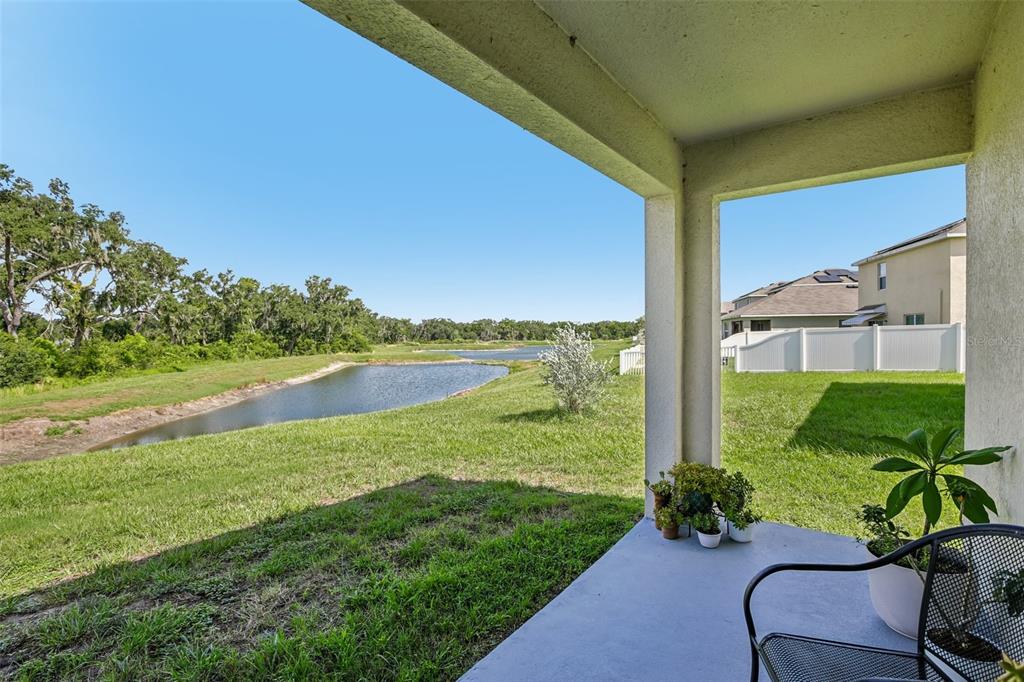 A covered concrete patio overlooks a grassy lawn, a small pond, and distant trees — 11008 LELAND GROVES DRIVE, RIVERVIEW, FL