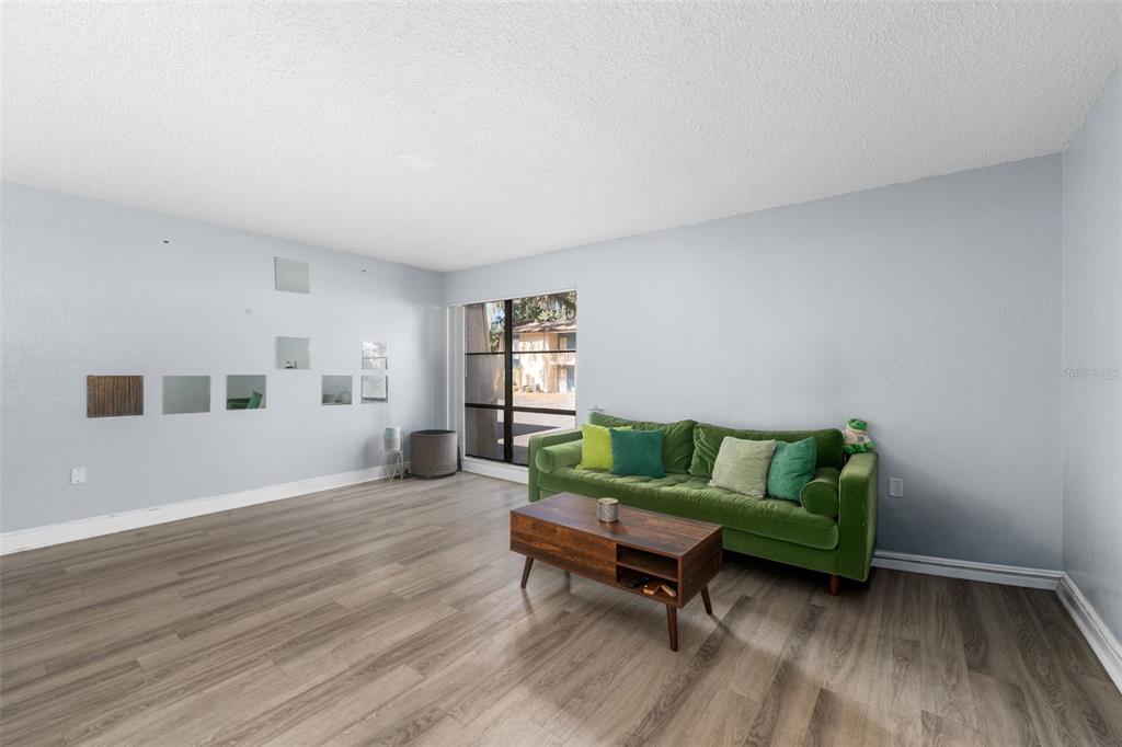 A living room features light gray walls, wood-look flooring, a green sofa, and a window — 2811 SW ARCHER ROAD UNIT P131, GAINESVILLE, FL