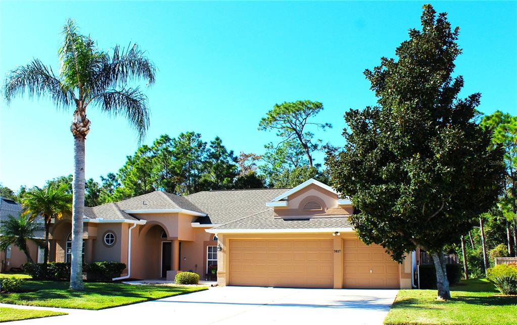 A single-story house with a tan stucco exterior, a two-car garage, and palm trees — 3817 BIRCH MOUNTAIN ROAD, PORT ORANGE, FL