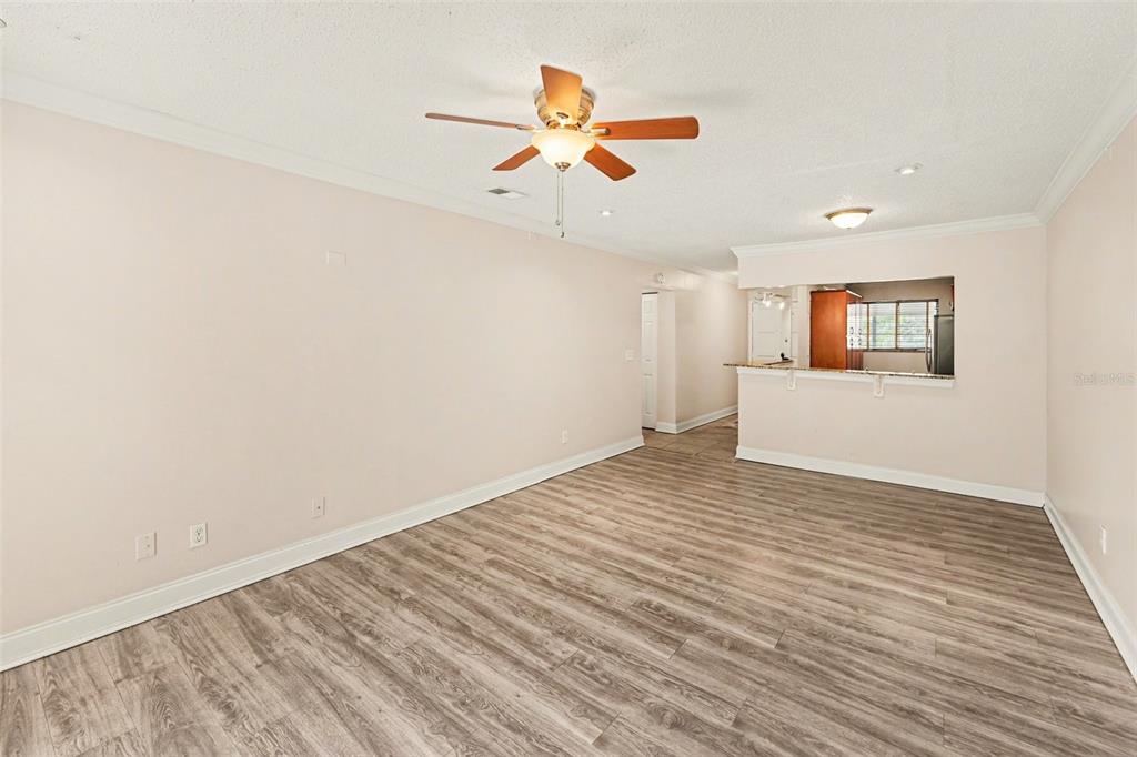 An empty living room with light-colored walls, wood-look flooring, a ceiling fan, and a pass-through — 6334 NEWTOWN CIRCLE UNIT 34B3, TAMPA, FL