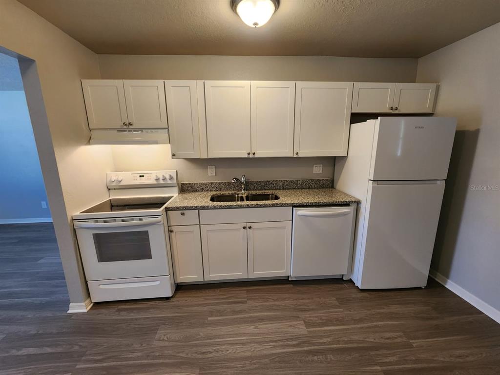 A kitchen features white cabinets, white appliances, a granite countertop, and wood-look flooring — 9530 LYNN LANE UNIT B, SEMINOLE, FL