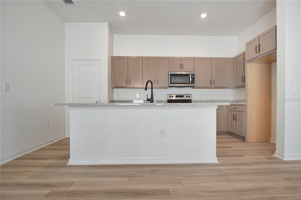 A kitchen features light wood-tone cabinets, granite countertops, stainless steel appliances, and wood-look flooring — 9224 WESTSIDE HILLS DRIVE, DAVENPORT, FL