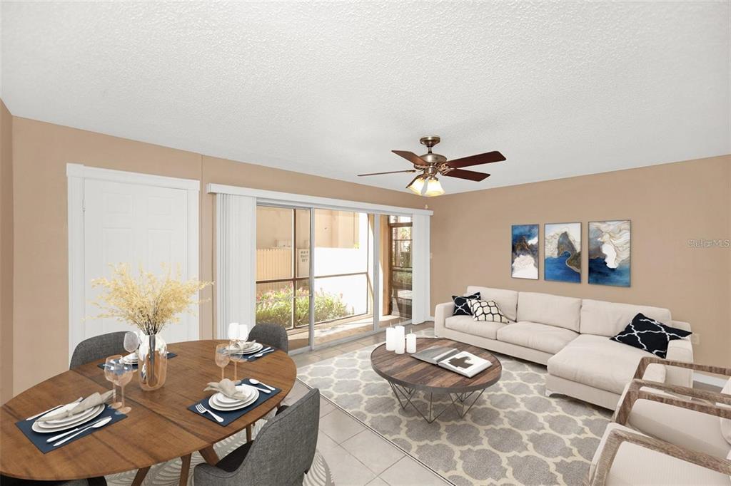 This is a virtual staging rendering of a living and dining area with tile flooring — 596 ORANGE DRIVE UNIT 150, ALTAMONTE SPRINGS, FL