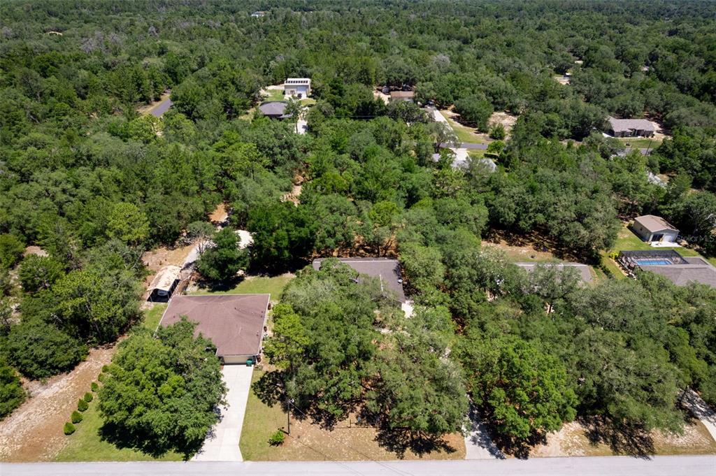 An aerial view shows several houses nestled among dense trees in a suburban neighborhood — 1761 E CLEVELAND STREET, HERNANDO, FL