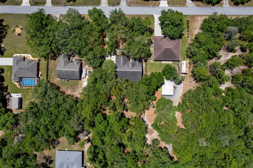 An aerial view shows several houses surrounded by dense trees and vegetation — 1761 E CLEVELAND STREET, HERNANDO, FL