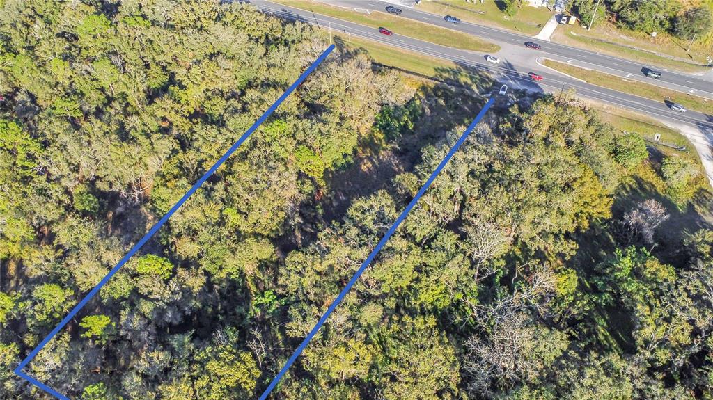 An aerial view shows a rectangular plot of wooded land adjacent to a multi-lane highway — 0 US-98, LAKELAND, FL