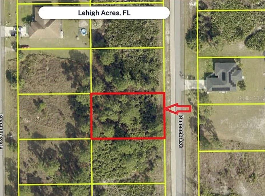 This aerial map shows a vacant, wooded residential lot outlined in red along a road — 720 PEACOCK AVENUE, LEHIGH ACRES, FL