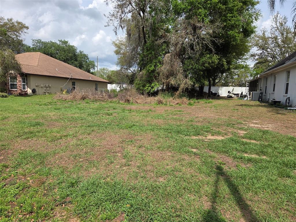 A grassy backyard sits between two residential houses with trees in the background — KELLY LYNN COURT, ZEPHYRHILLS, FL