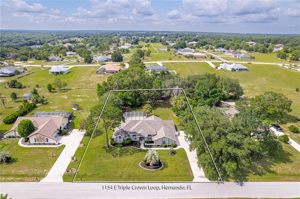 An aerial view shows a single-story house with a pool enclosure on a grassy lot — 1154 E TRIPLE CROWN LOOP, HERNANDO, FL
