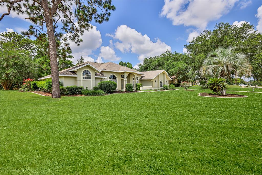 A single-story house with a light-colored exterior sits on a large, grassy lawn — 1154 E TRIPLE CROWN LOOP, HERNANDO, FL