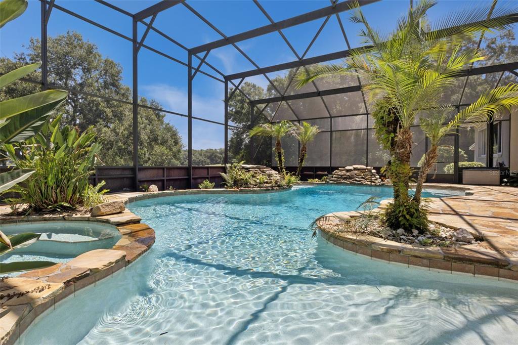 A screened-in swimming pool with a rock waterfall, hot tub, and palm trees — 605 OLD MOUNT DORA ROAD, EUSTIS, FL