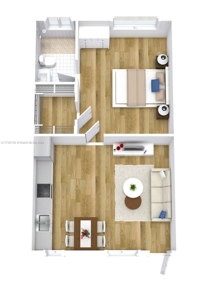 This is a 3D floor plan rendering of a one-bedroom apartment with wood-look flooring — 25 W 6th St # 25, Hialeah FL 33010, HIALEAH, FL
