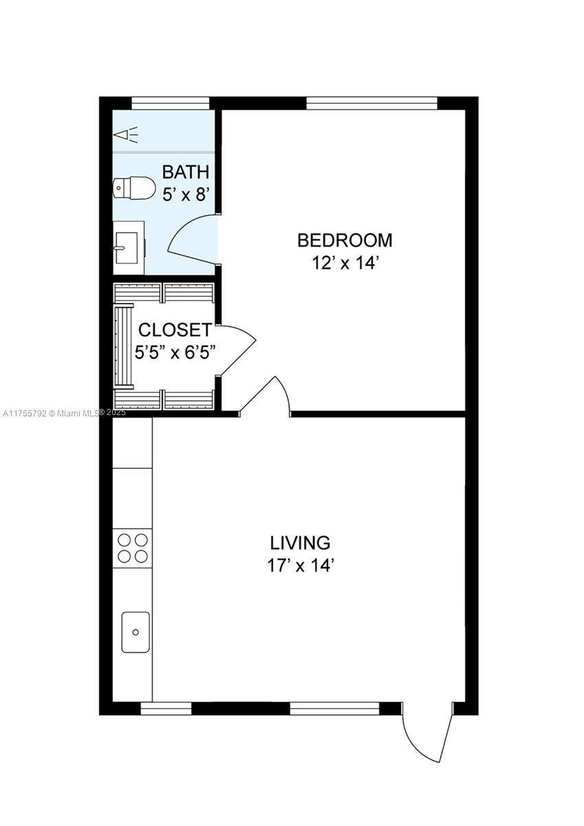 This is a floor plan showing a one-bedroom apartment with a living area and bathroom — 25 W 6th St # 25, Hialeah FL 33010, HIALEAH, FL