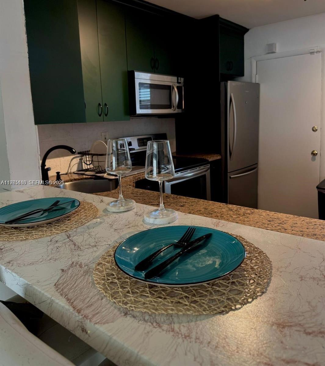A kitchen features dark green cabinets, stainless steel appliances, and a marble-patterned breakfast bar — 1530 NE 191st St # 241, Miami FL 33179, MIAMI, FL