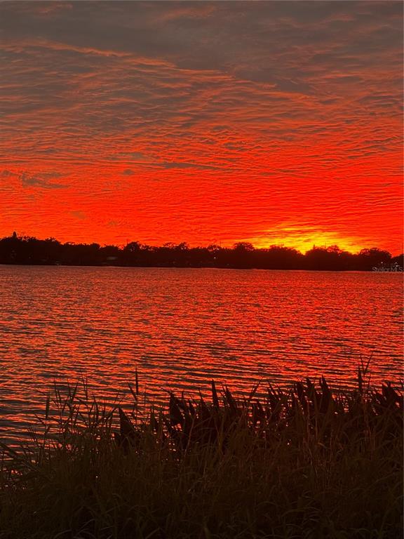 A vibrant red sunset glows over a calm lake with silhouetted trees and foreground grasses — 1500 GAY ROAD UNIT 20D, WINTER PARK, FL