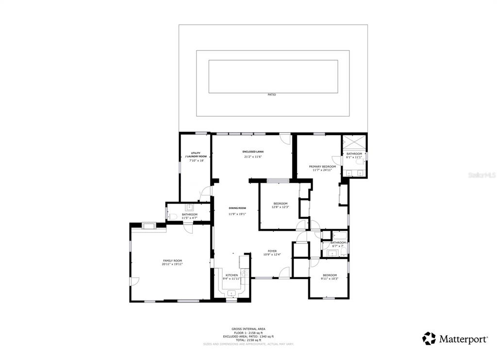 This is a floor plan showing the layout of a single-story house with a patio — 505 FIELDER BOULEVARD, SEBRING, FL