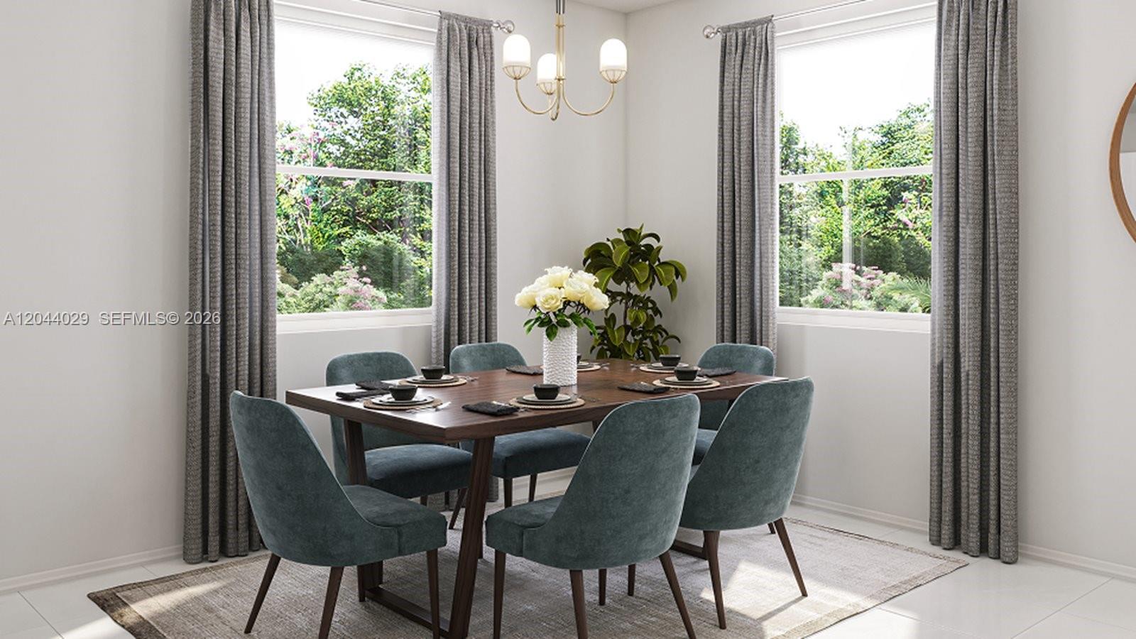 This rendering shows a dining room with a wooden table, six blue chairs, and windows — 12420 SW 248 ST # 10, Miami FL 33032, MIAMI, FL