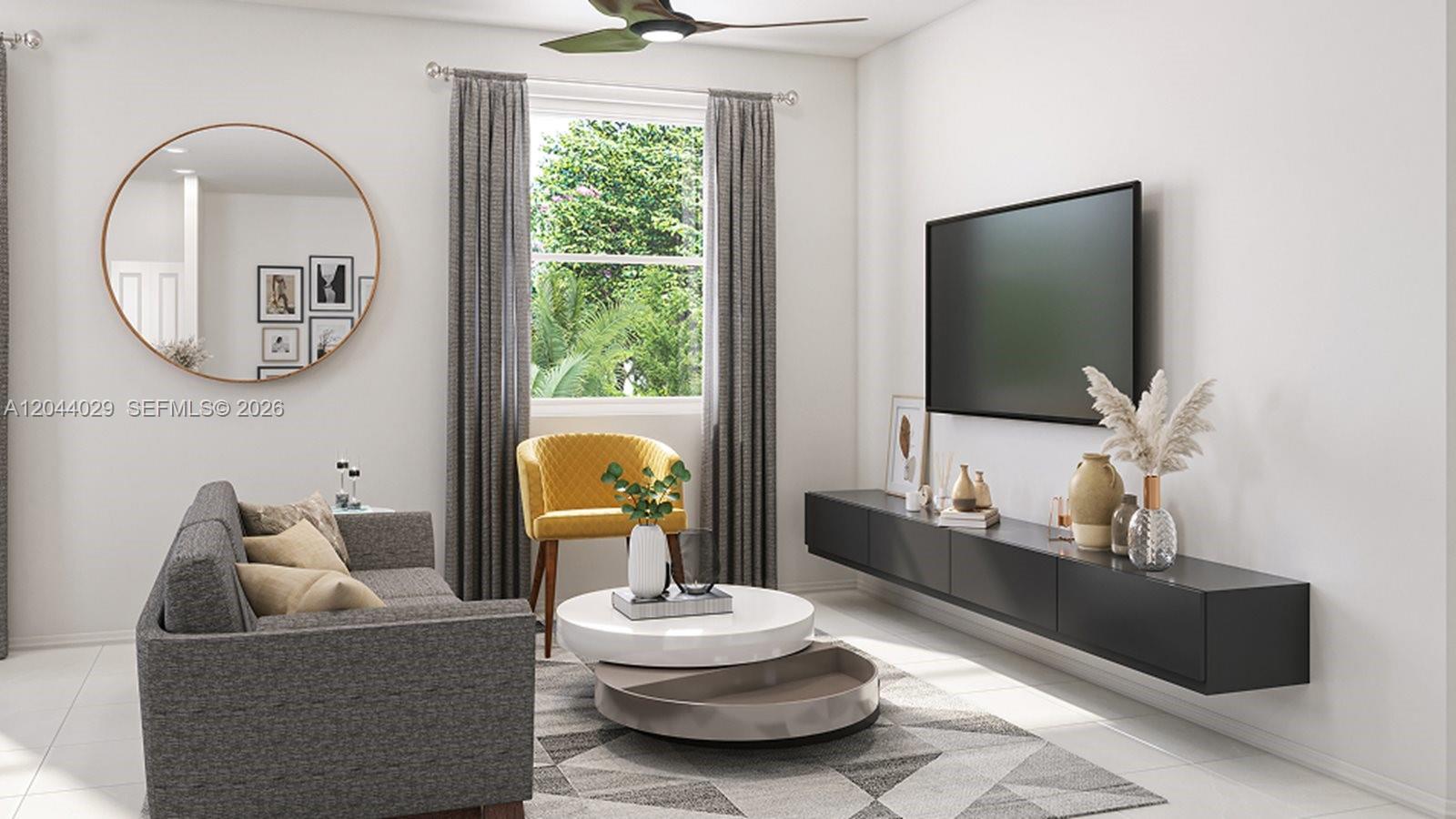 This rendering shows a modern living room with a gray sofa, yellow chair, and floating console — 12420 SW 248 ST # 10, Miami FL 33032, MIAMI, FL