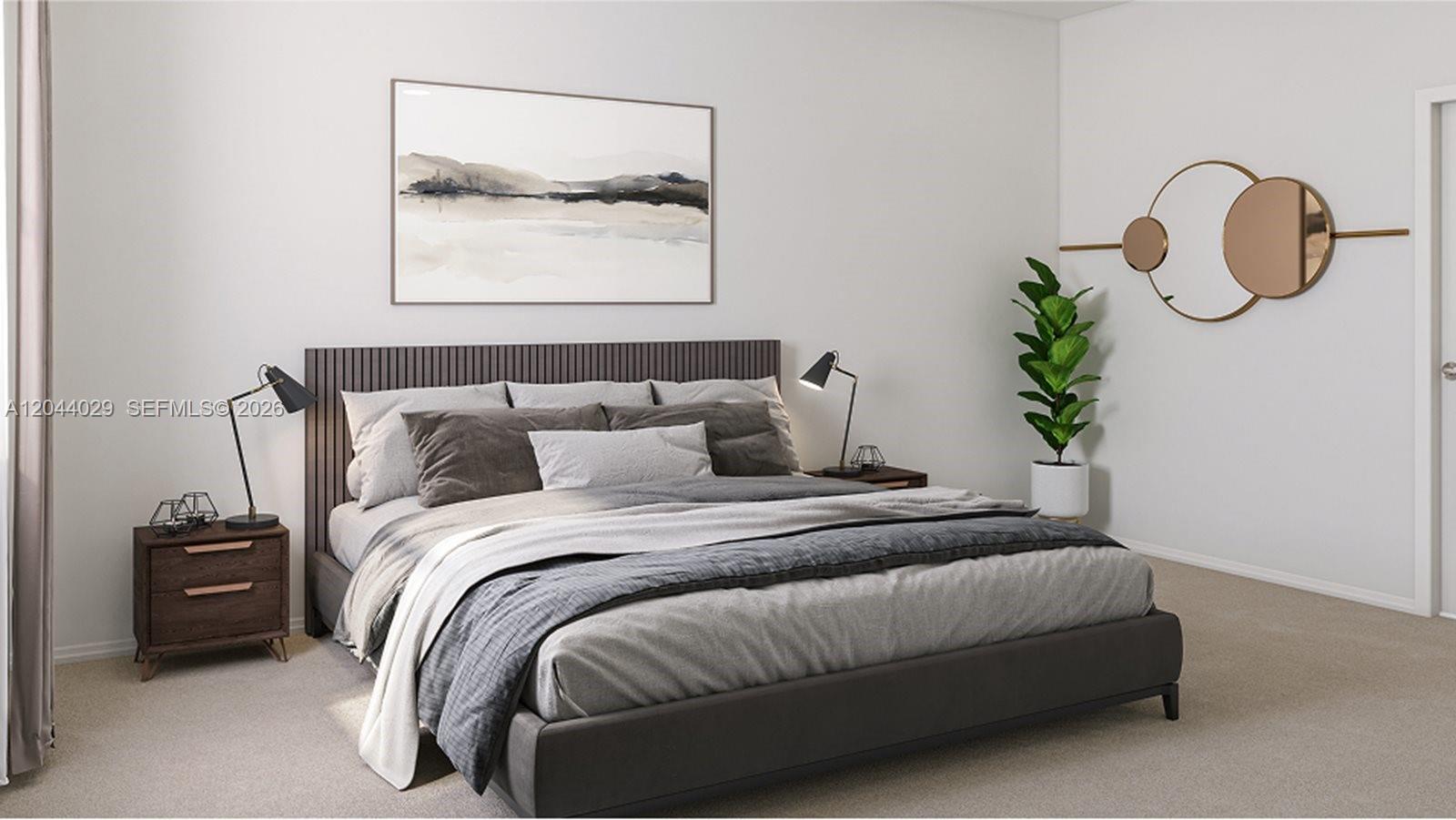 This is a rendering of a modern bedroom featuring a gray bed and minimalist decor — 12420 SW 248 ST # 10, Miami FL 33032, MIAMI, FL