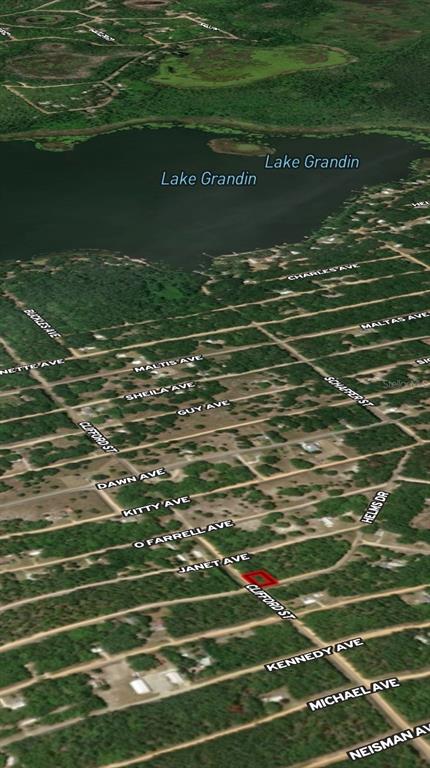 An aerial map view shows a highlighted vacant lot near Lake Grandin — LOT 17 EVANS AVENUE, INTERLACHEN, FL