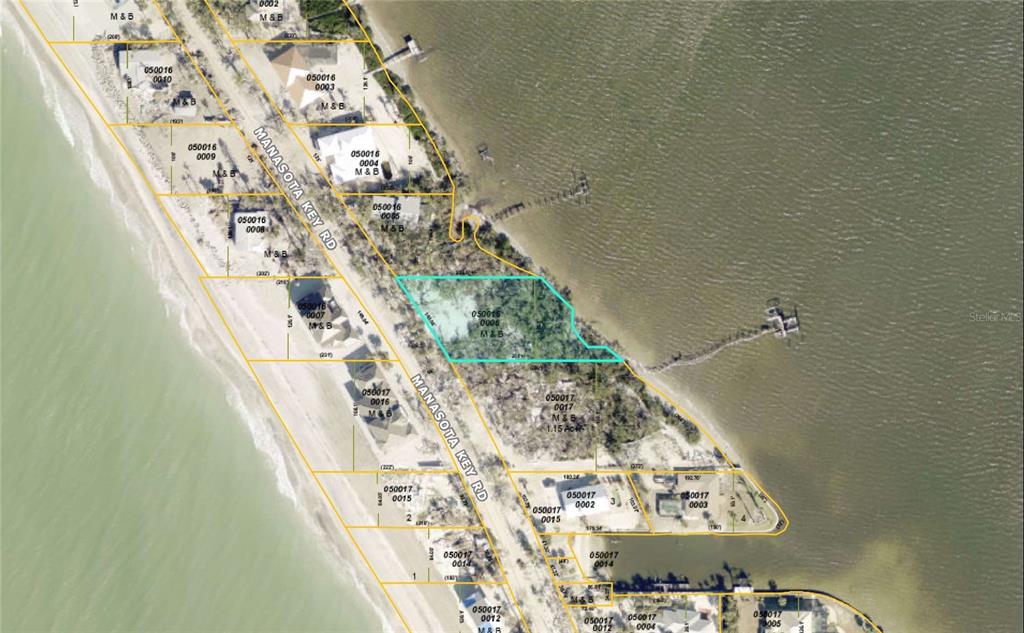 This is an aerial map showing property parcel boundaries along a coastal road — 6845 MANASOTA KEY ROAD, ENGLEWOOD, FL