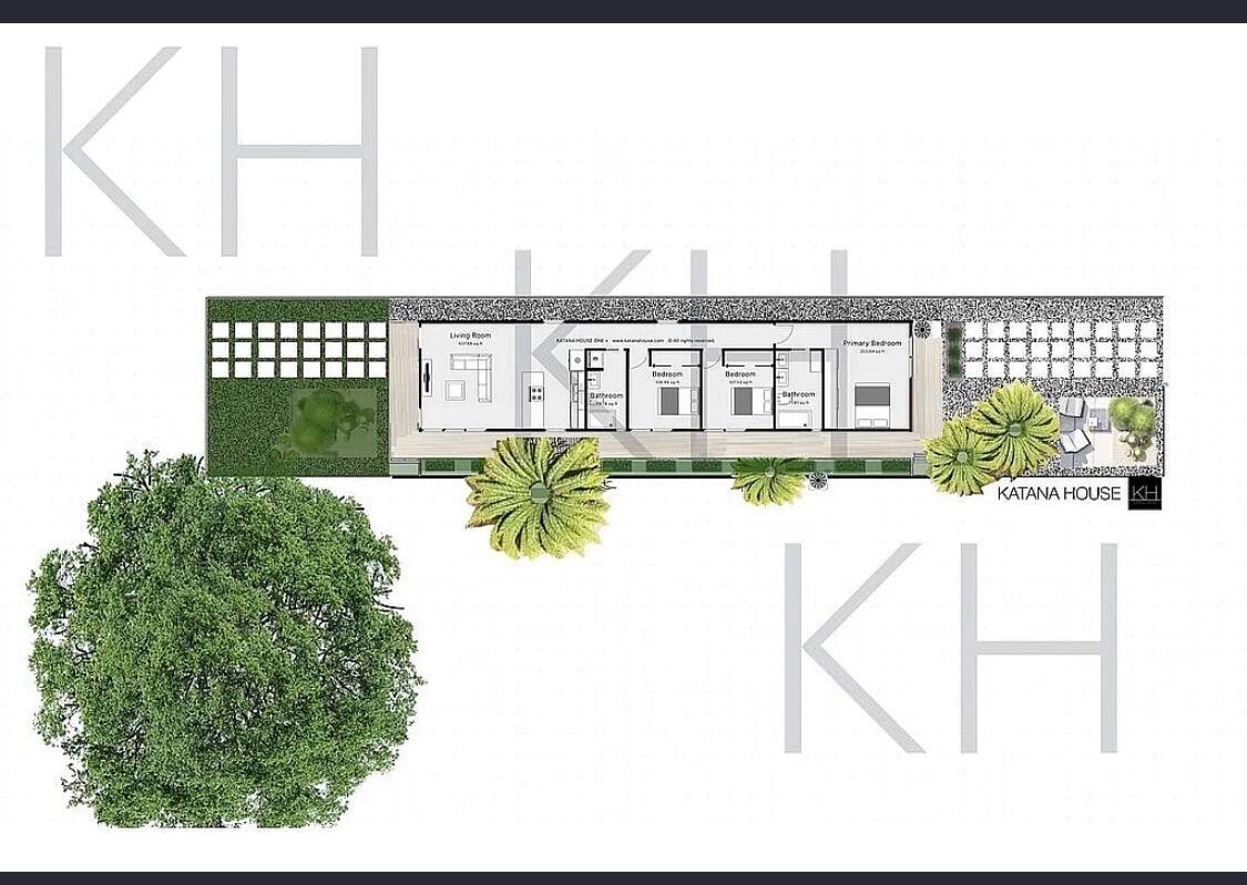 This architectural rendering shows a linear floor plan for a modern home with outdoor landscaping — 211 N E Street, FL 33460, FL