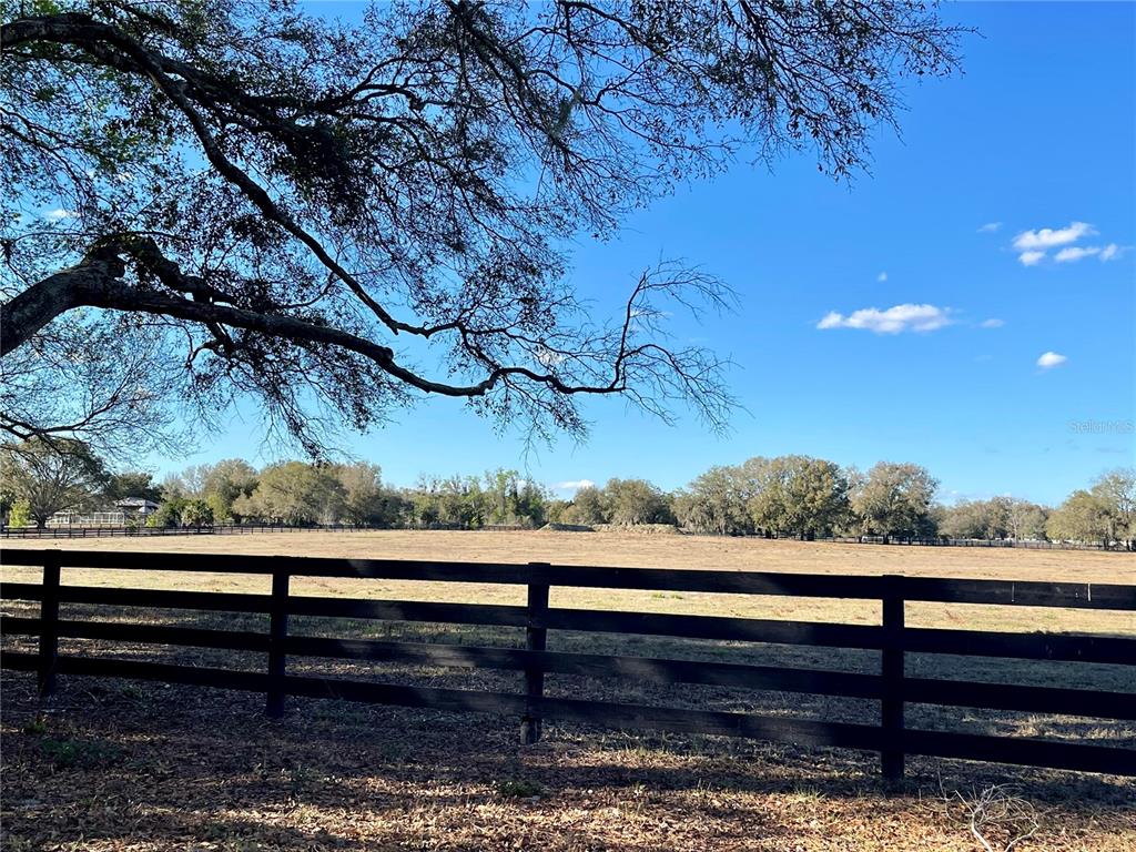 A black wooden fence borders a large, dry grassy field under a clear blue sky — 15153 SE 73RD AVENUE, SUMMERFIELD, FL