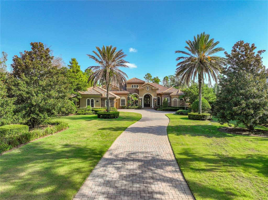 A paved driveway leads to a Mediterranean-style house with palm trees and manicured landscaping — 16028 PENDIO DRIVE, MONTVERDE, FL