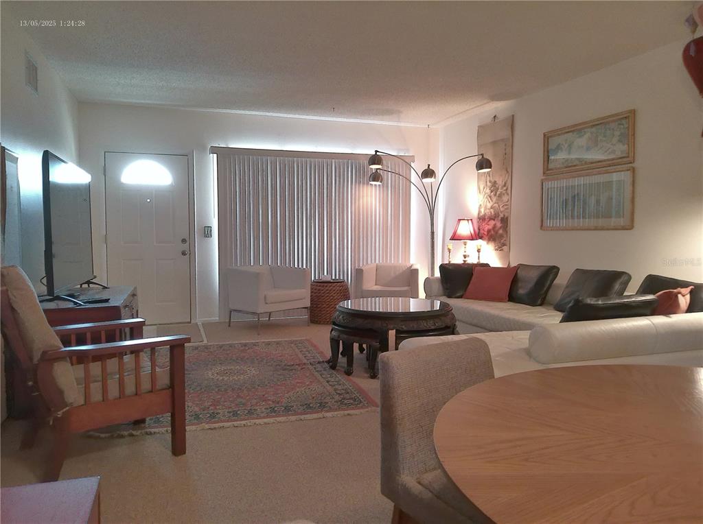 A living room features a white sofa, a patterned area rug, and a large window — 2361 ECUADORIAN WAY UNIT 45, CLEARWATER, FL