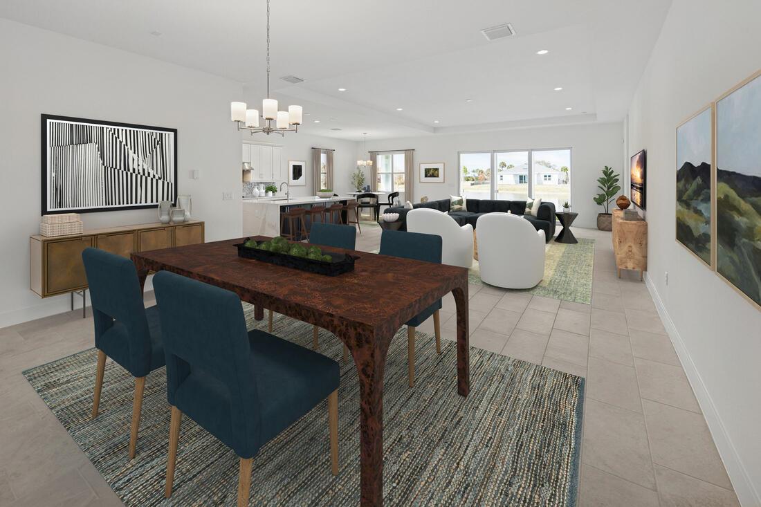 This rendering shows an open-concept dining and living area with modern furniture and tile floors — 2810 68th Street, Vero Beach FL 32967, VERO BEACH, FL