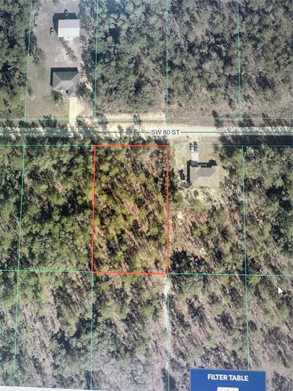 This is an aerial map showing a rectangular plot of land outlined in red — SW 80TH STREET, DUNNELLON, FL