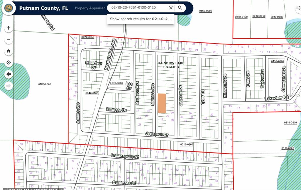 This is a property tax map showing residential lots in the Rainbow Lake Estates area — 0 MONROE AVE LOT 12-17, HAWTHORNE, FL