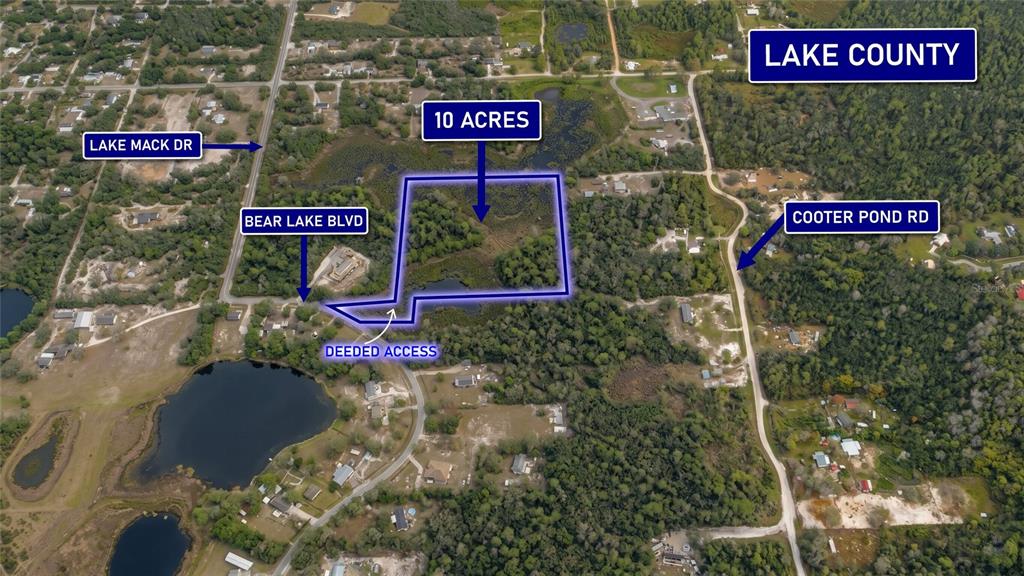 This aerial map shows a 10-acre plot of land with deeded access near local roads — 0000 BEAR LAKE BOULEVARD, DELAND, FL