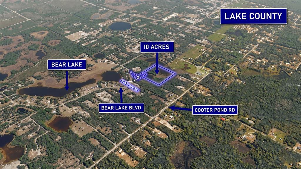 This aerial map shows a 10-acre parcel of land near Bear Lake in Lake County — 0000 BEAR LAKE BOULEVARD, DELAND, FL