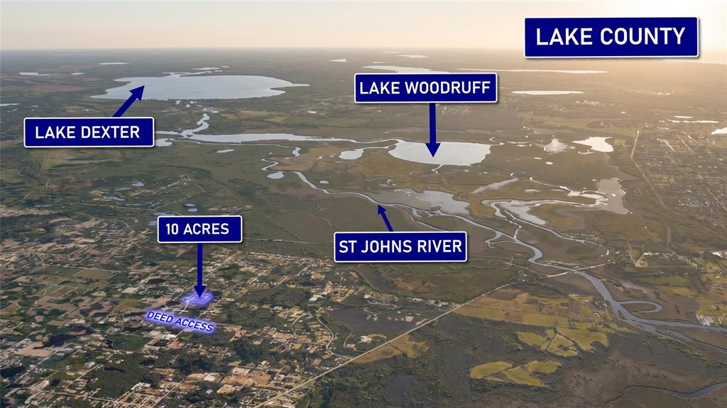 This aerial map shows a ten-acre property near the St. Johns River and Lake Woodruff — 0000 BEAR LAKE BOULEVARD, DELAND, FL