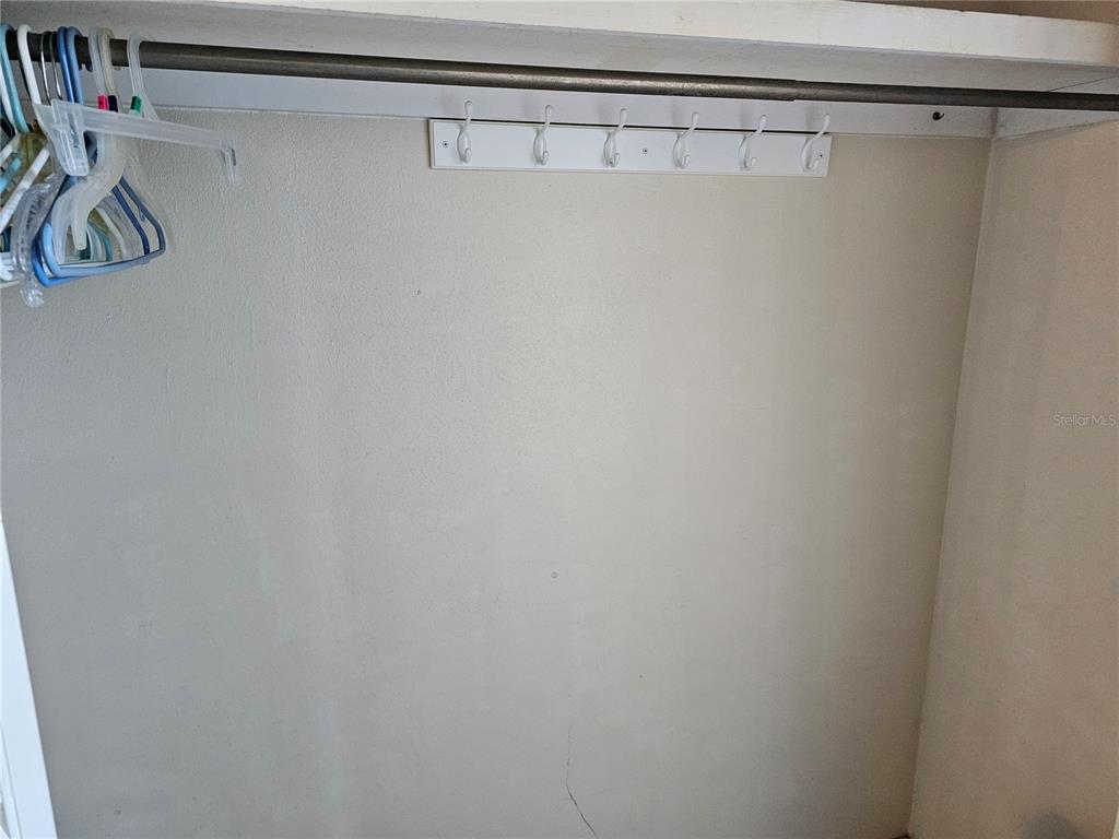 A closet interior features a metal hanging rod, a white wall-mounted hook rack, and hangers — 4747 AZALEA DRIVE UNIT 125, NEW PORT RICHEY, FL