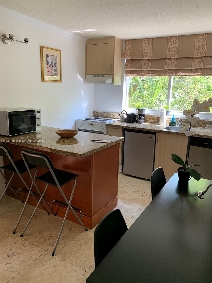 A kitchen features a granite-topped island, light wood cabinets, and a window with Roman shades — 2951 S Bayshore Dr # 417, Miami FL 33133, MIAMI, FL